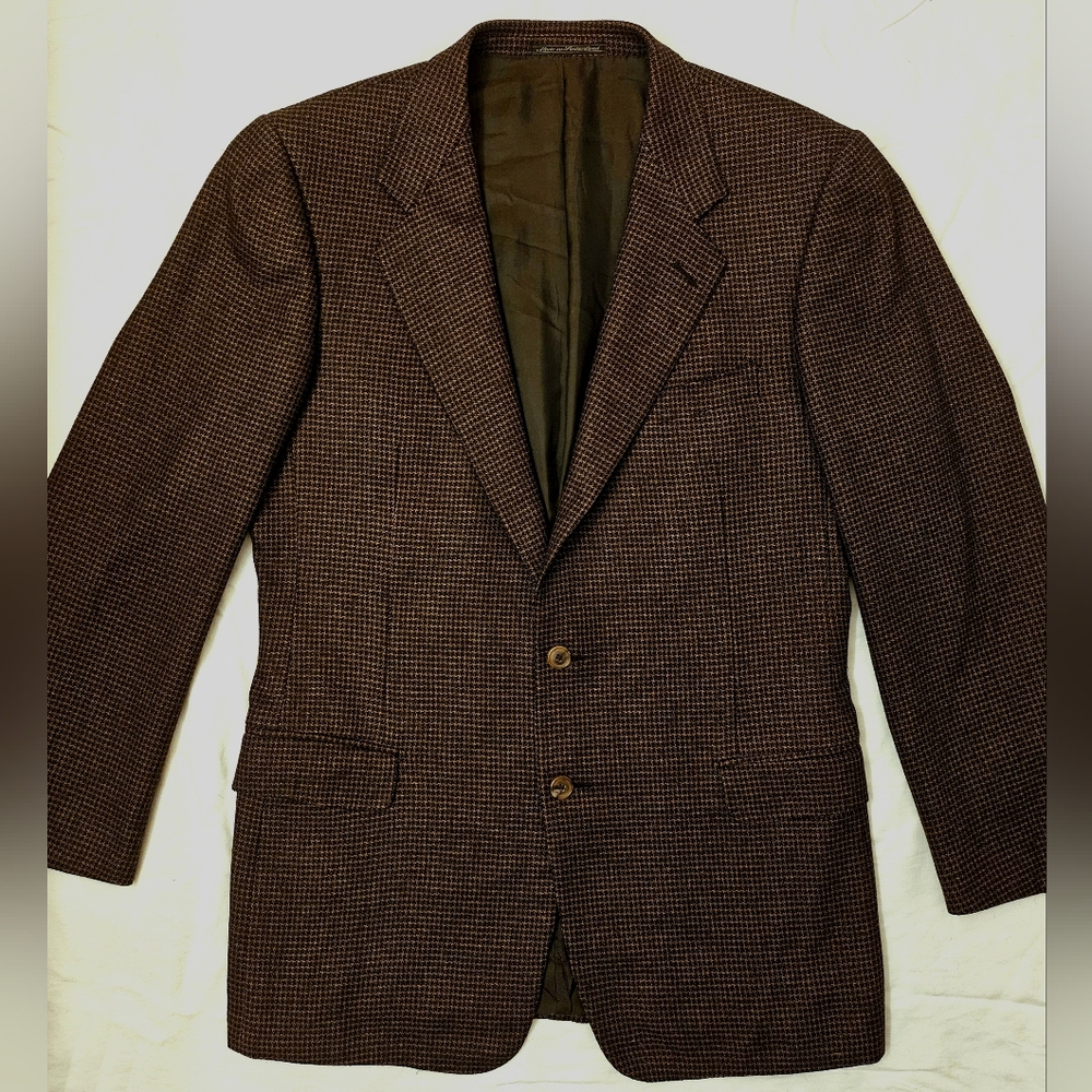 Rare VTG 80's/90's Zegna Brown Silk Cashmere Houndstooth Blazer 44R Switzerland